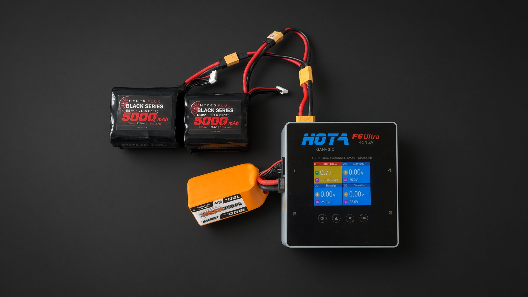 Two Hyperflux Black Series packs powering a DC charger to top up a smaller Li-Ion pack
